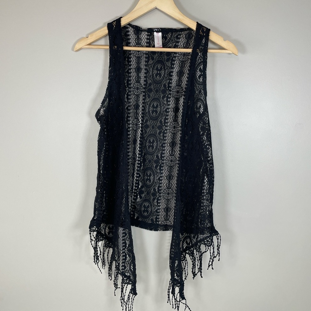 Boho Black Crochet Fringe Vest Open Front Sheer Festival Layering Piece Small - Picture 7 of 7